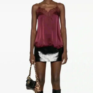 NWT IRO Paris Berwyn Silk Lace Trim Camisole Top Burgundy 36 S